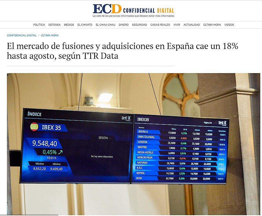 El mercado de fusiones y adquisiciones en Espaa cae un 18% hasta agosto, segn TTR Data